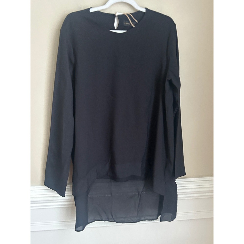 Annah Hariri Black High-Low Modest Crepe Tunic Blouse‎ Sheer Back Hem US 10 NWT